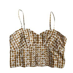 Maeve‎ Anthropologie Womens Embroidered Woven Gingham Crop Top Brown Size 12